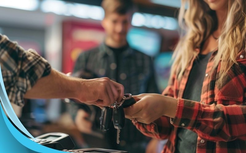 Receiving Car Keys at Self-Drive Rental Desk, Self drive car rental, May 2024, Australia.