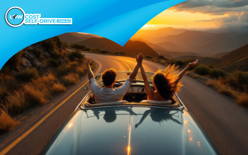 thumbnail couple with a dog driving off to sunset, Valentine’s Day road trip, Valentine's Day Self-Drive