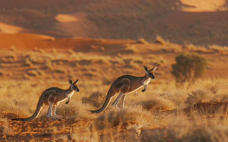 Wild kangaroo family grazing at sunset in the Australian outback.