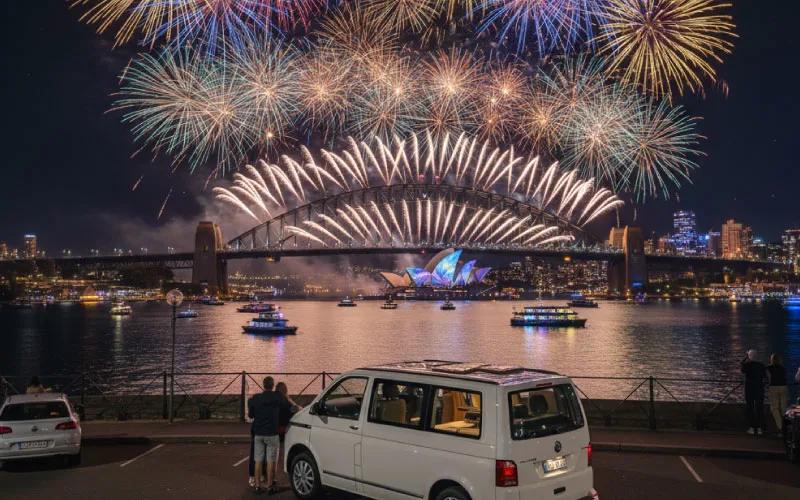 Self-drive hire vehicle parked near Sydney Harbour Bridge during New Year’s Eve fireworks