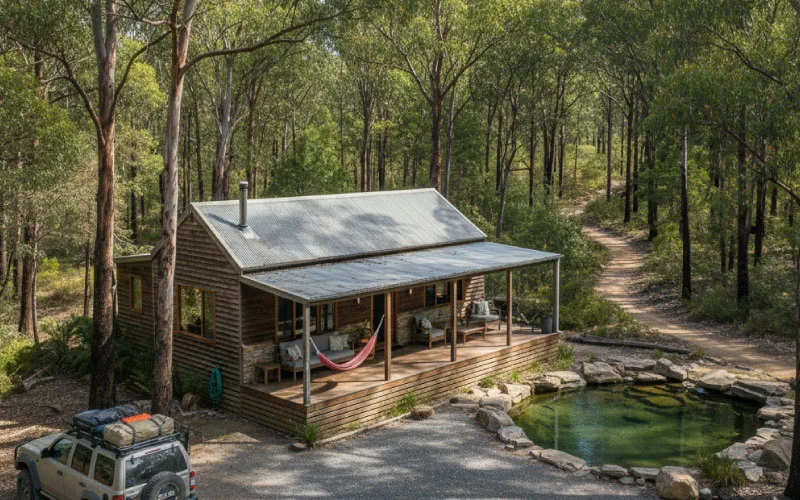 Serene Australian retreat surrounded by forest, perfect for a self-drive holiday escape