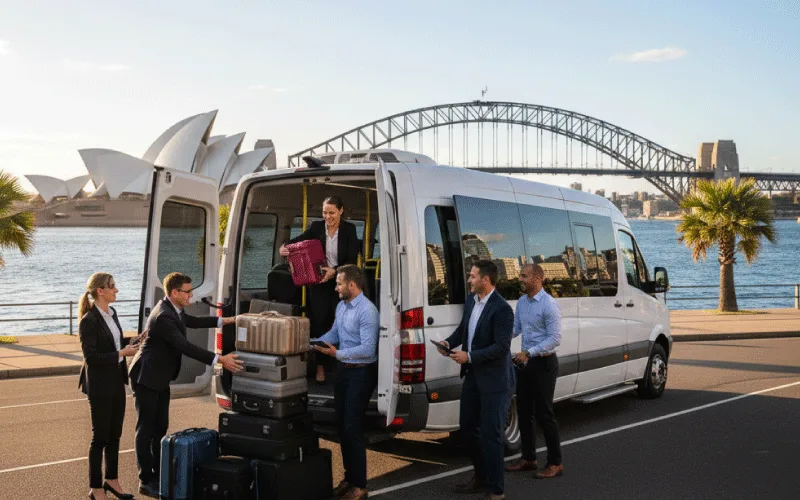 Corporate team loading luggage into a self-drive minibus in Sydney for a year-end event.