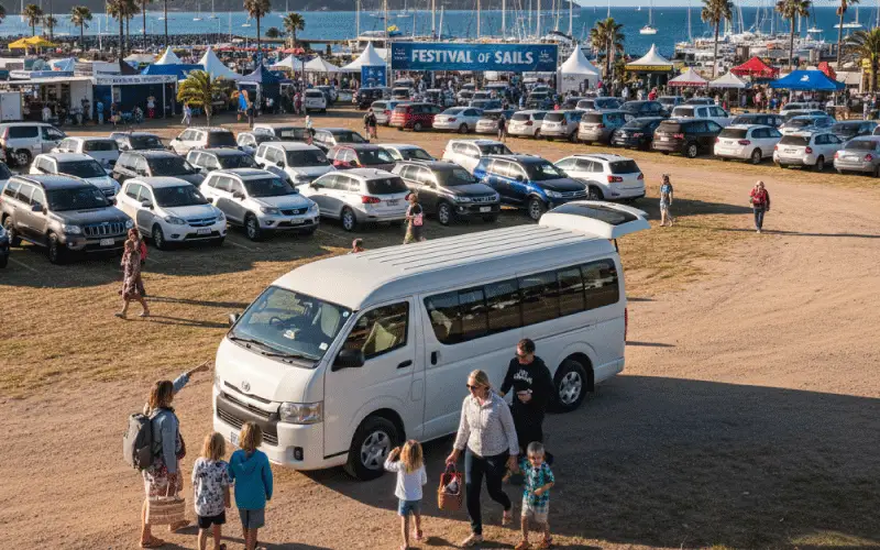 Families arriving at the Festival of Sails with a self-drive minibus