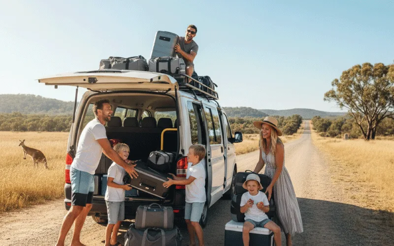 Happy Australian family loading luggage into a self-drive minibus before a summer road trip
