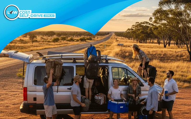 Group of friends loading bags into a self-drive minibus before an Australian road trip