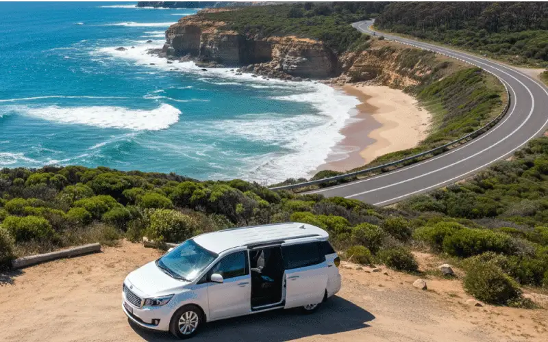 Van parked along the Great Ocean Road during an Australian summer drive