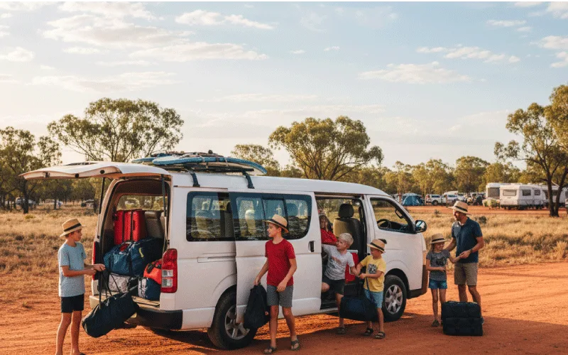 Family loading gifts into a self-drive van for Christmas travel