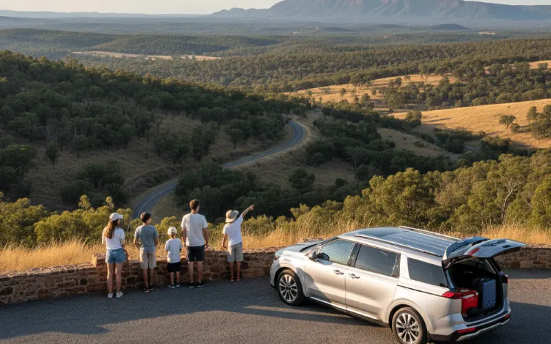 Family stopping at an Australian lookout during a 2026 road trip