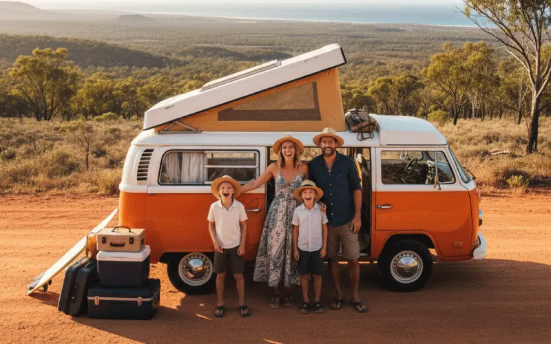 Happy family starting a summer road trip in a self-drive van