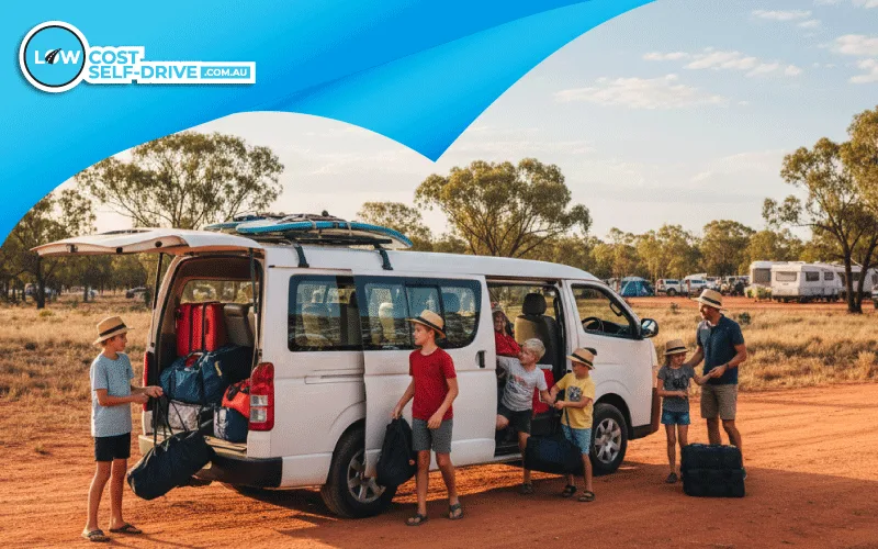 Family loading gifts into a self-drive van for Christmas travel