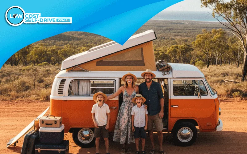 Happy family starting a summer road trip in a self-drive van