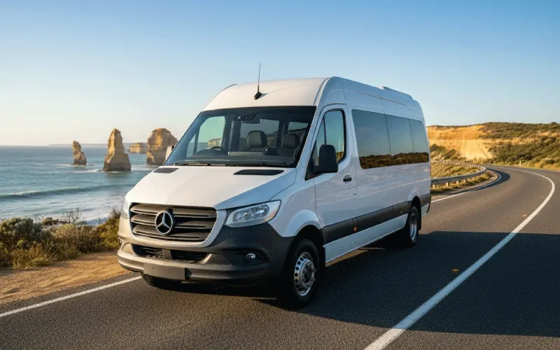 A comparison graphic showing a modern SUV, a passenger van, and a self-drive minibus ready for a trip