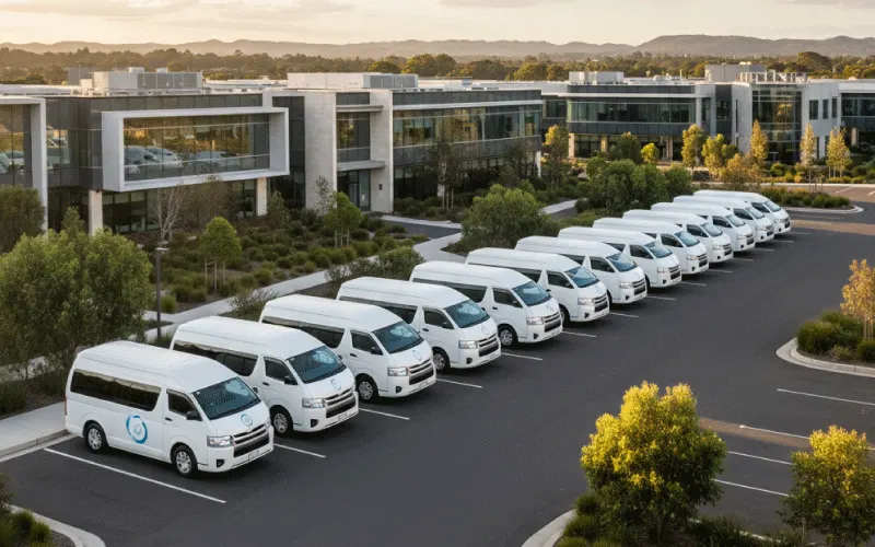A line of modern self-drive commercial vans branded with a generic corporate logo parked outside a business park.