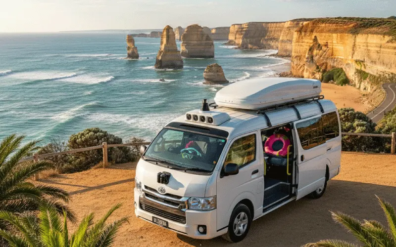 A modern self-drive minibus parked overlooking the Twelve Apostles on the Great Ocean Road, ready for a group summer holiday