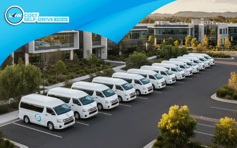 A line of modern self-drive commercial vans branded with a generic corporate logo parked outside a business park