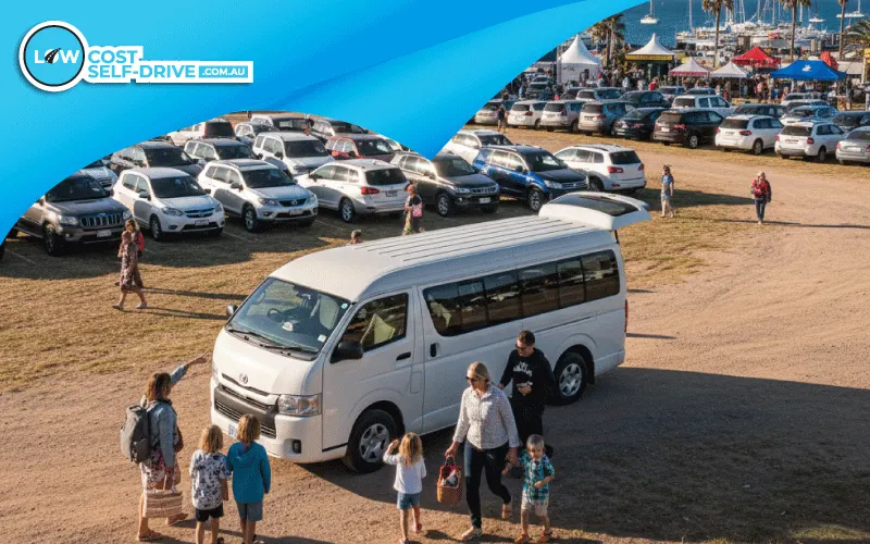 Families arriving at the Festival of Sails with a self-drive minibus.