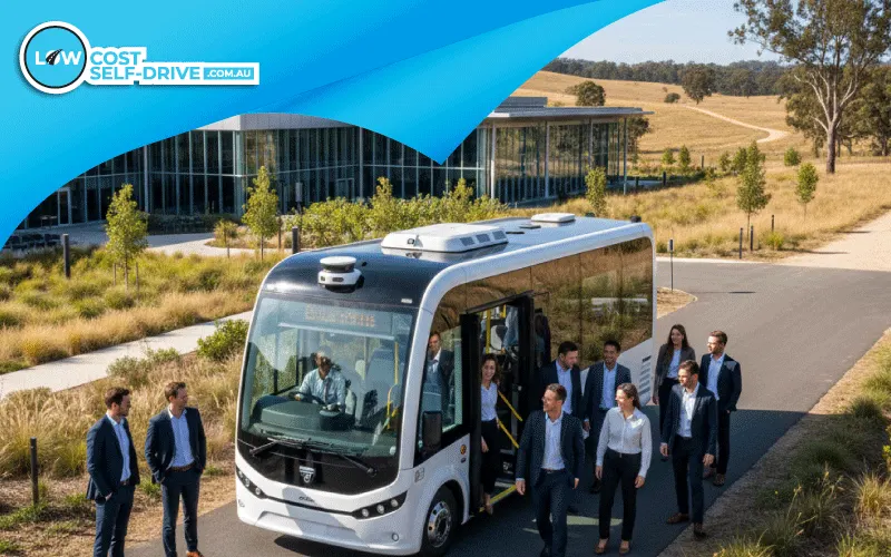 Team of employees boarding a self-drive minibus for a corporate event.